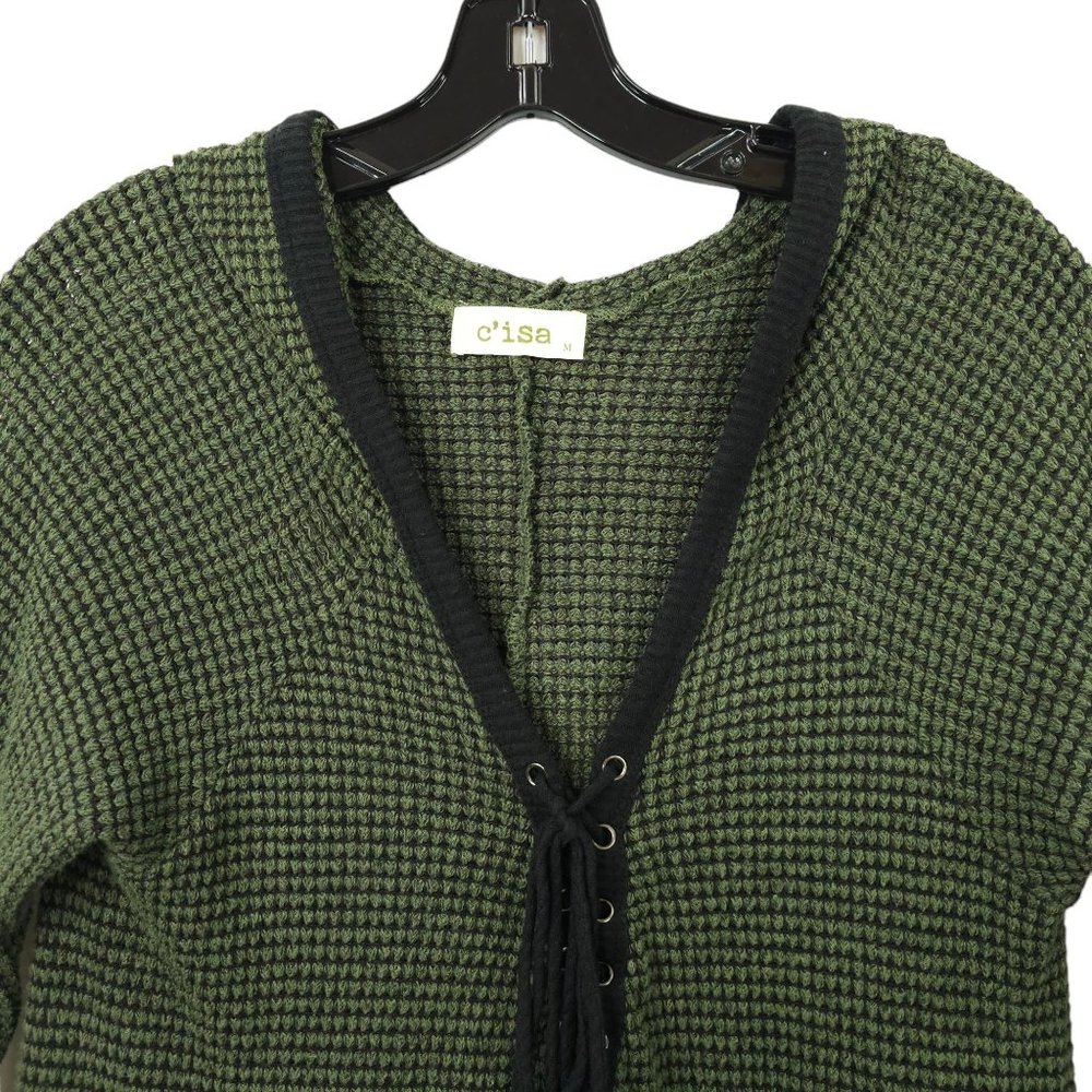 C'isa Hooded Pullover Sweater Womens Size M Green Side Slit Top Long Sleeve - Picture 8 of 15